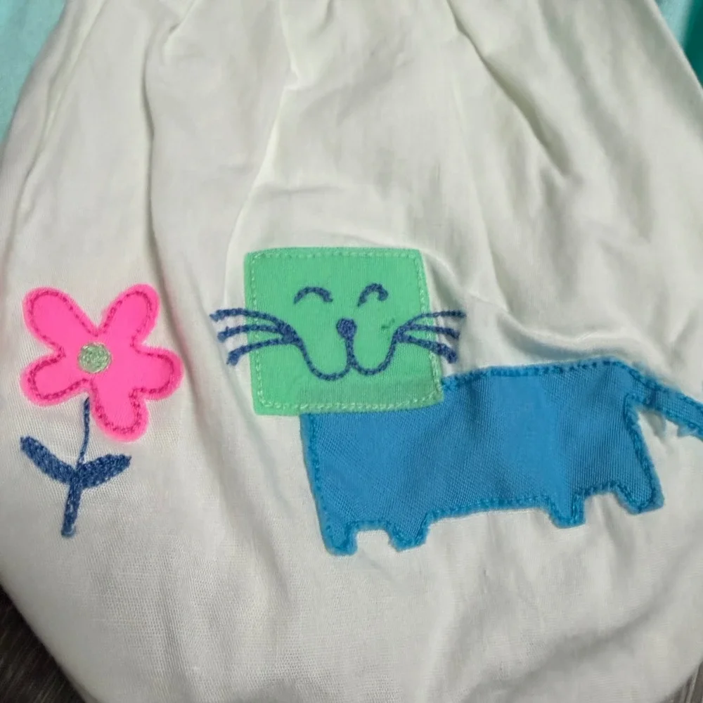 Vintage Carters Baby Girl Smocked Dress Set Blue Cat Applique Diaper Cover 1YR